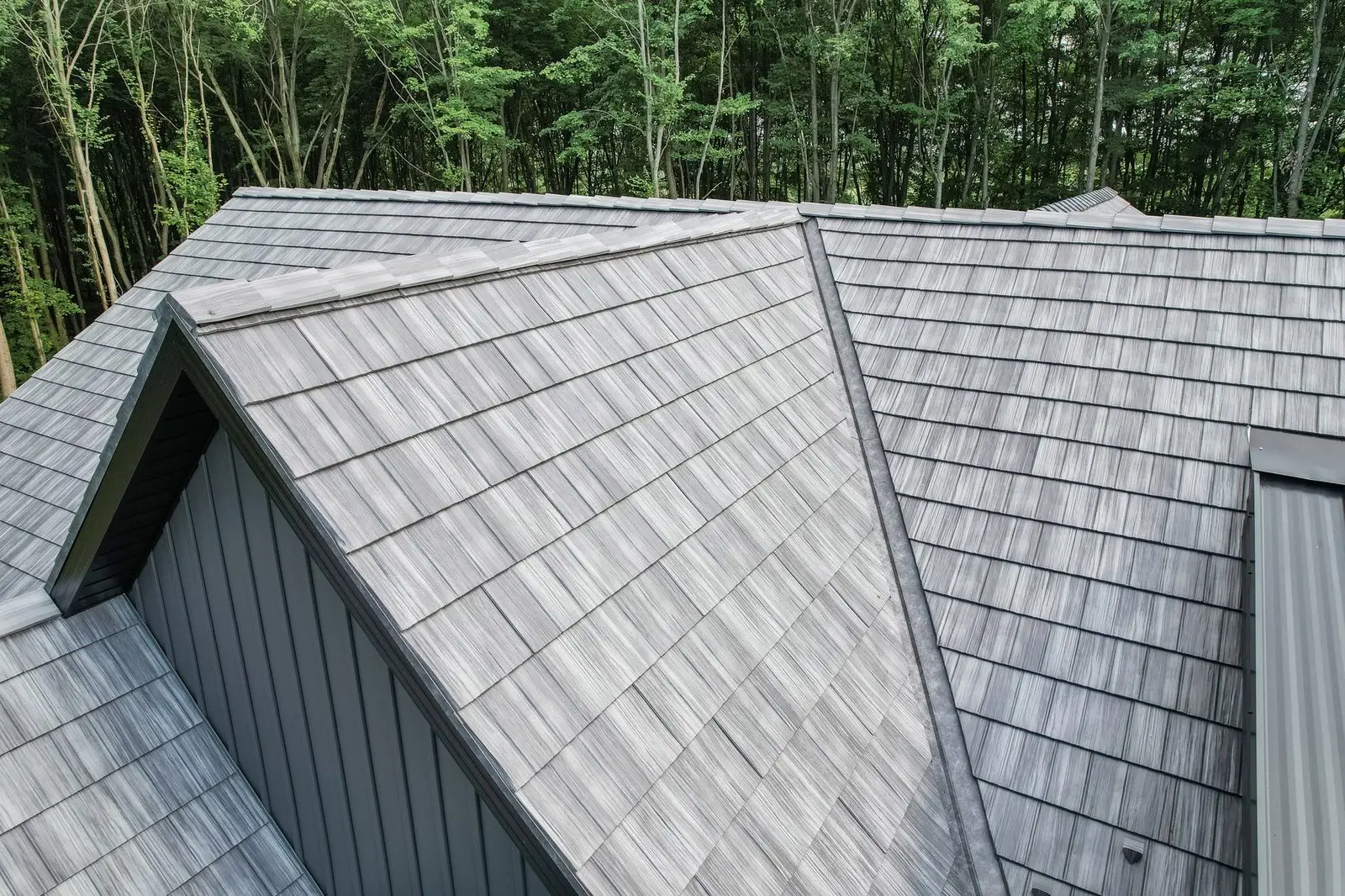 Aerial view of a gray ProVia metal shake roof