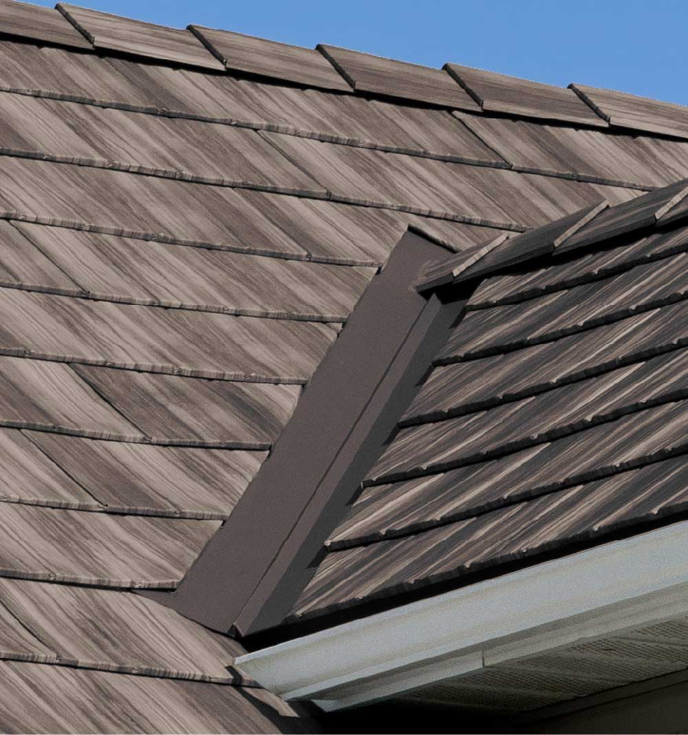 Close-up of ProVia metal shake shingles with woodgrain finish